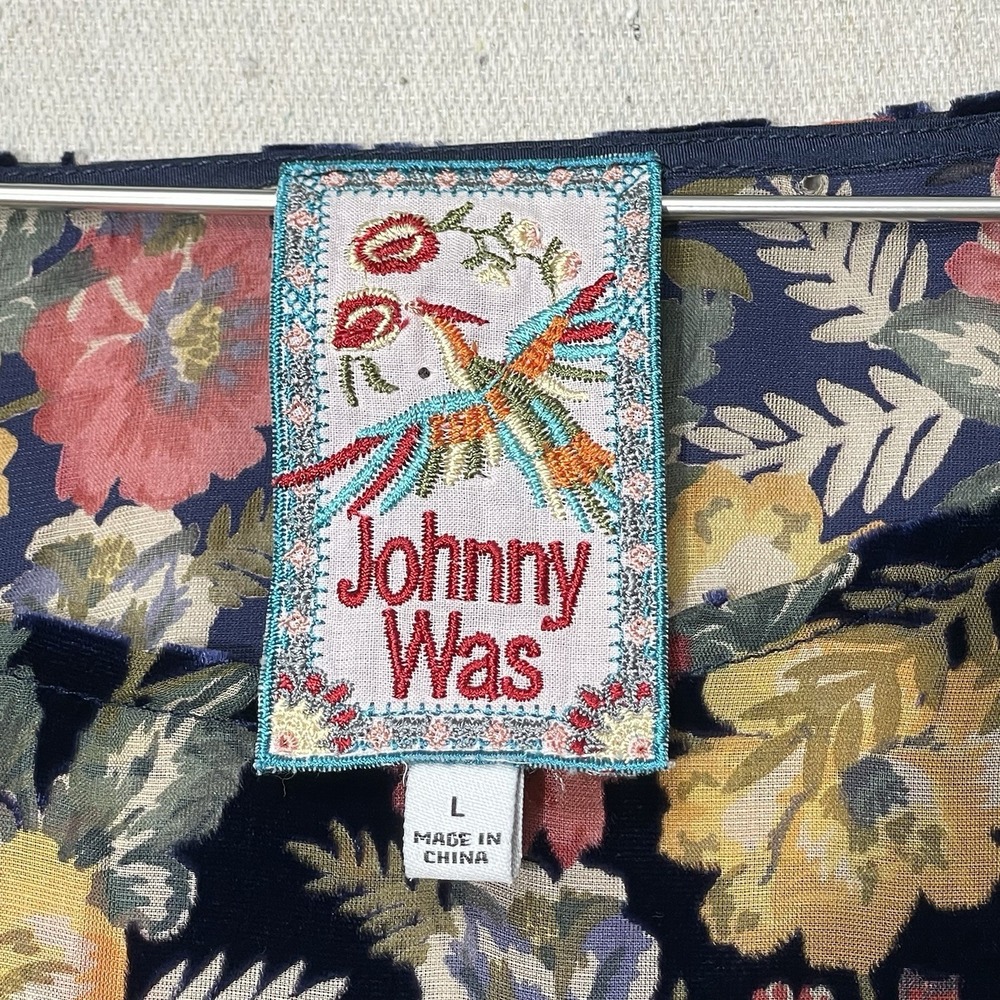 Johnny Was Velvet Burnout Blouse Women's L Blue Floral Print Kimono Sleeve Silk - Picture 3 of 15